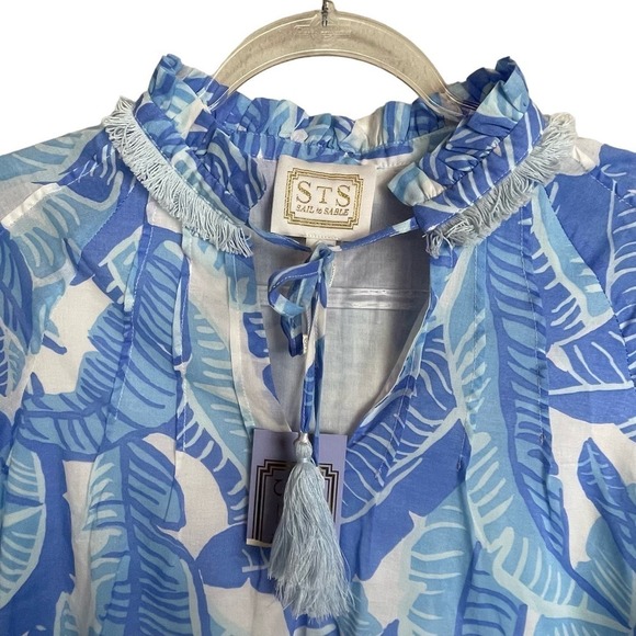 NWT STS Sail to Sable Palm Print Blue White Long Sleeve Top Sz S Tassel Neck Tie - Picture 2 of 9